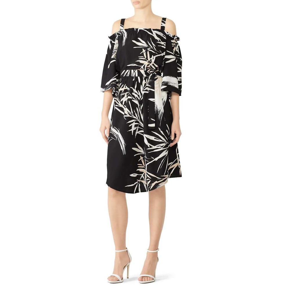 Natori Women's Black‎ White Leaf Print Off Shoulder Ruffle Midi Dress Size S